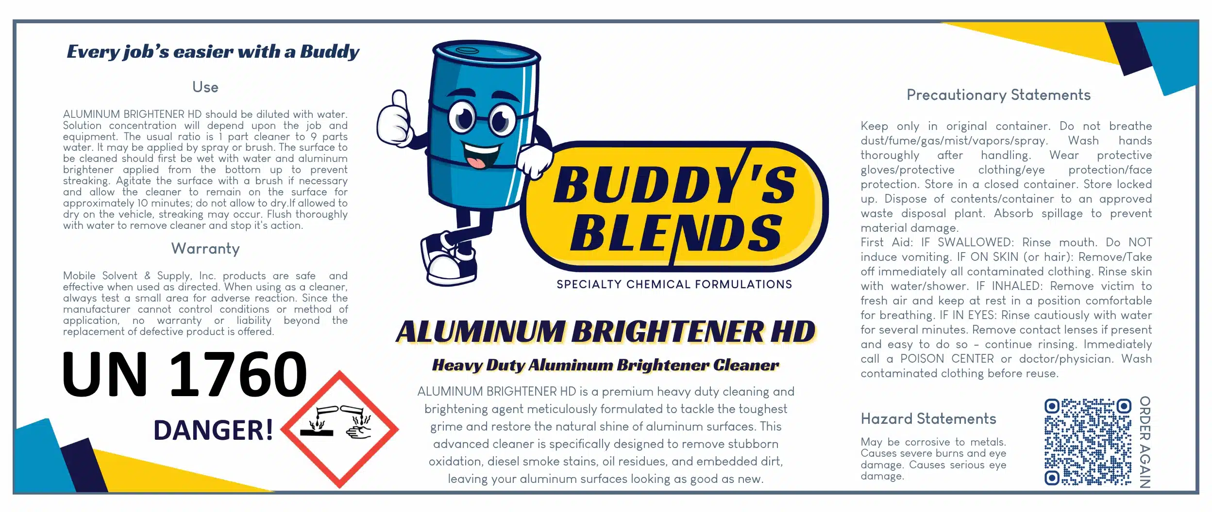 Buddy's Blends ALUMINUM BRIGHTENER HD Label with QR code to reorder
