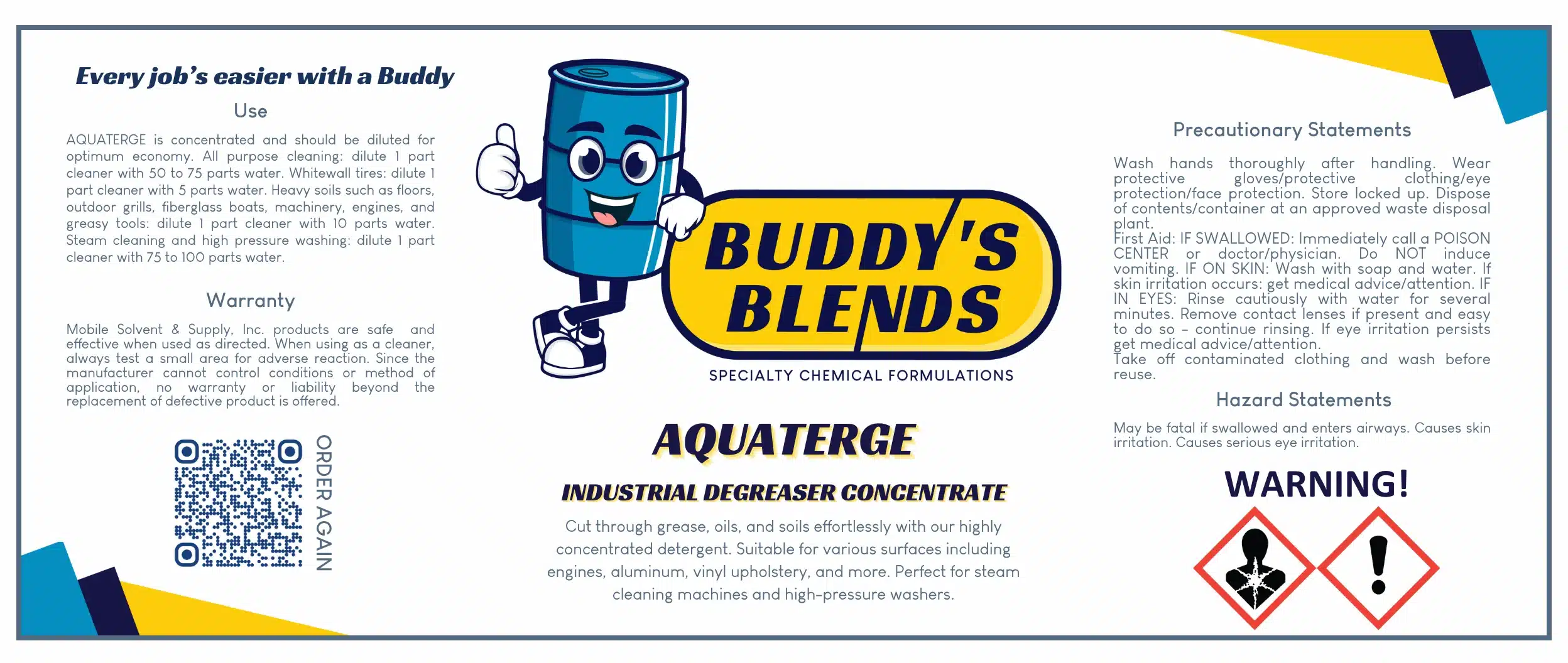Buddy's Blends AQUATERGE Label with QR code to reorder