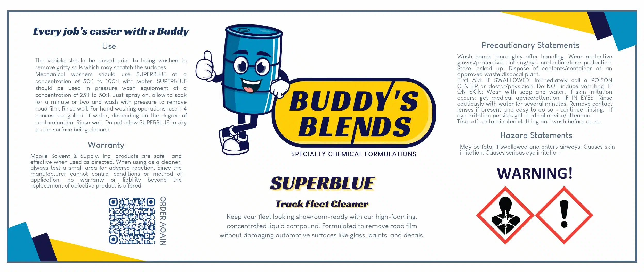 Buddy's Blends SUPERBLUE Label with QR code to reorder