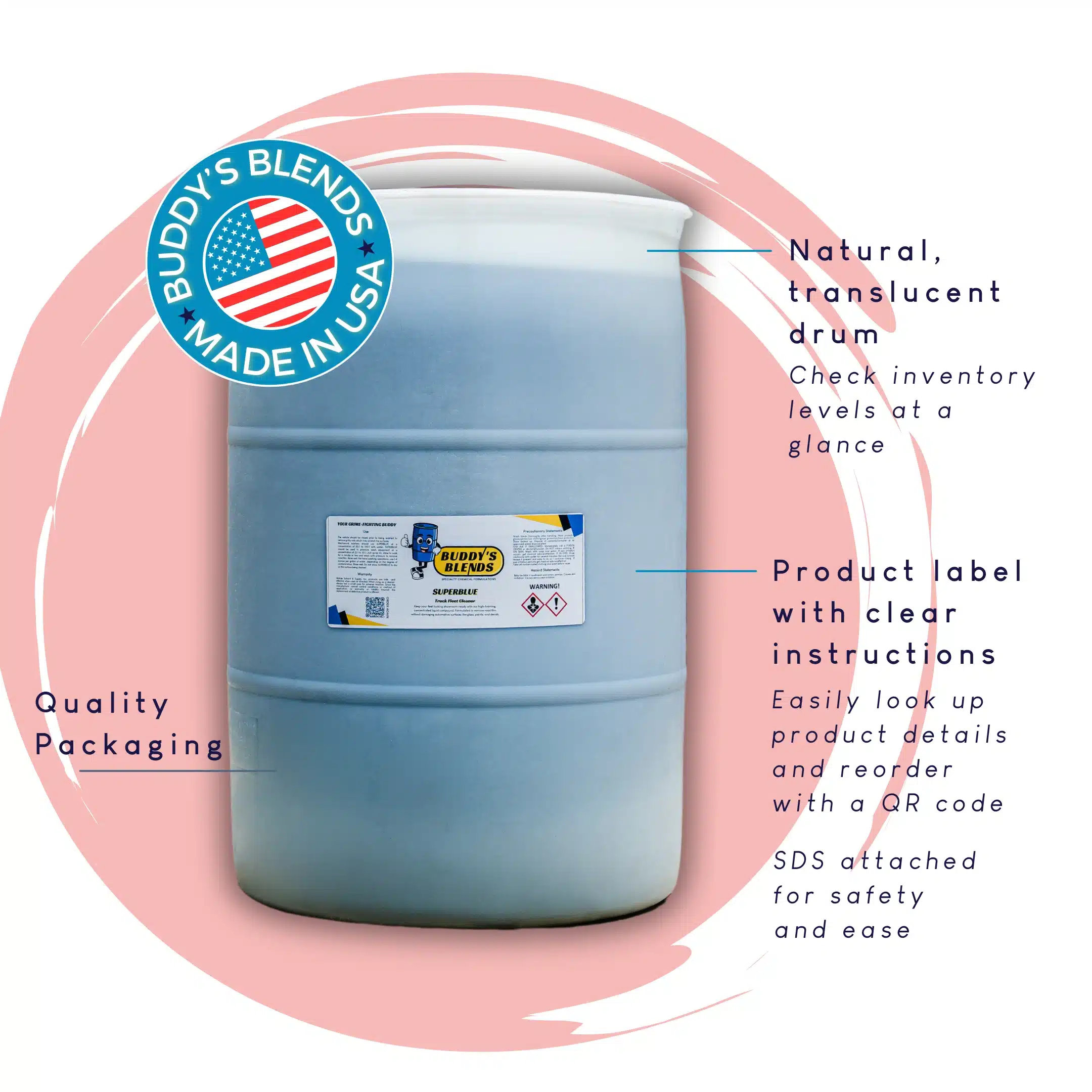 Buddy's Blends SuperBlue Vehicle Wash Drum with a Made in USA sticker image. Text Describing Quality Packaging: natural, translucent drum (check inventory levels at a glance) & Product label with clear instructions (easily look up product details and reorder with a QR code. SDS attached for safety & ease).