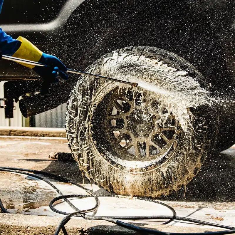 Buddy's Blends Aquaterge Industrial Degreaser Cleaner being used to clean a tire with a pressure washer
