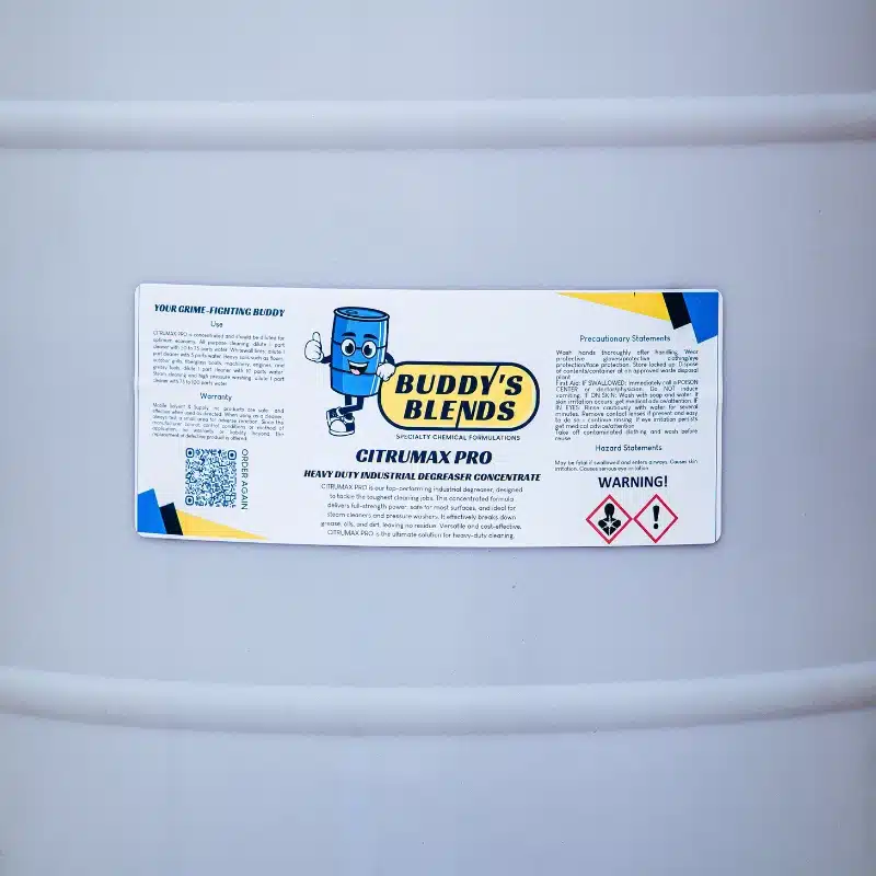 Buddy's Blends CITRUMAX PRO heavy duty industrial degreaser cleaner in a natural drum close-up