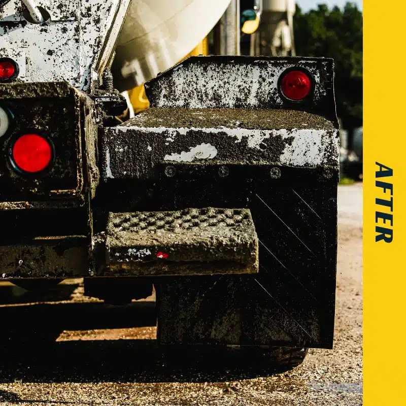 After using Buddy's Blends Dynamo biodegradable concrete truck cleaner on a ready mix concrete truck with baked on concrete