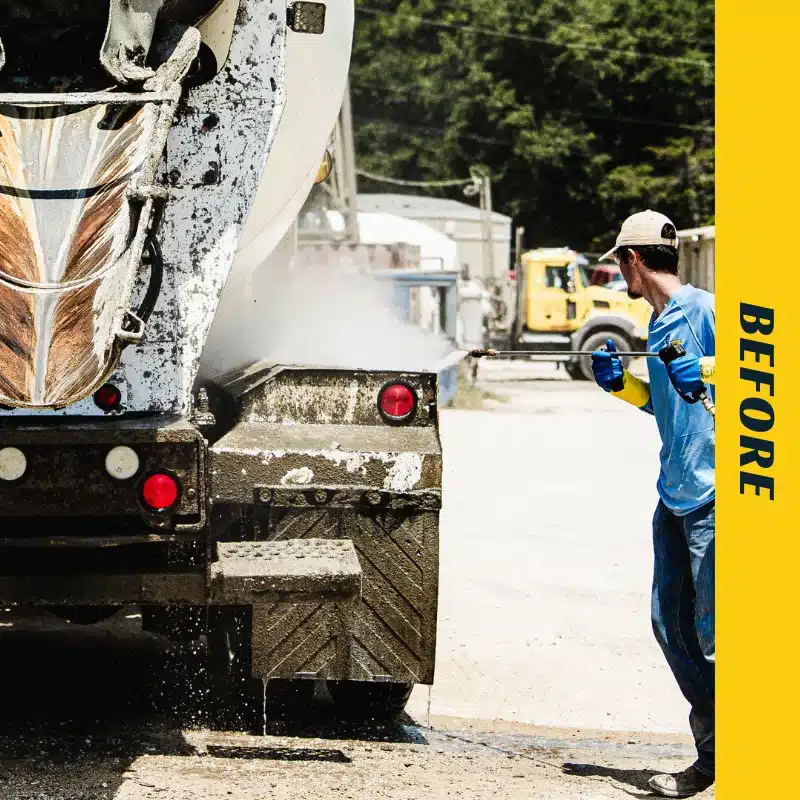 Before using Buddy's Blends Dynamo biodegradable concrete truck cleaner on a ready mix concrete truck with baked on concrete
