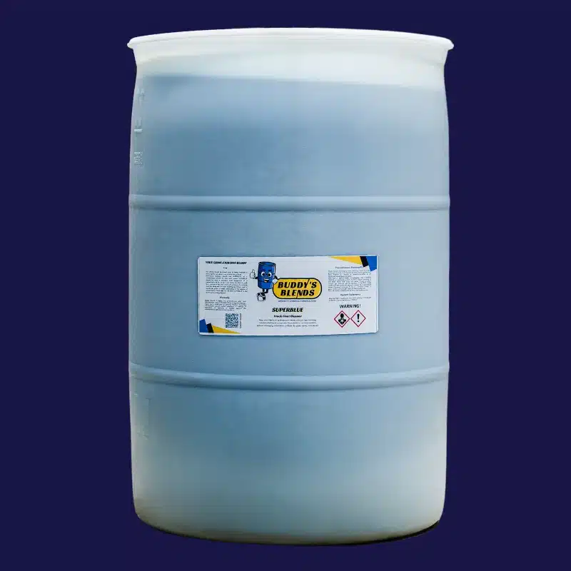 Buddy's Blends SUPERBLUE truck fleet cleaner in a natural drum
